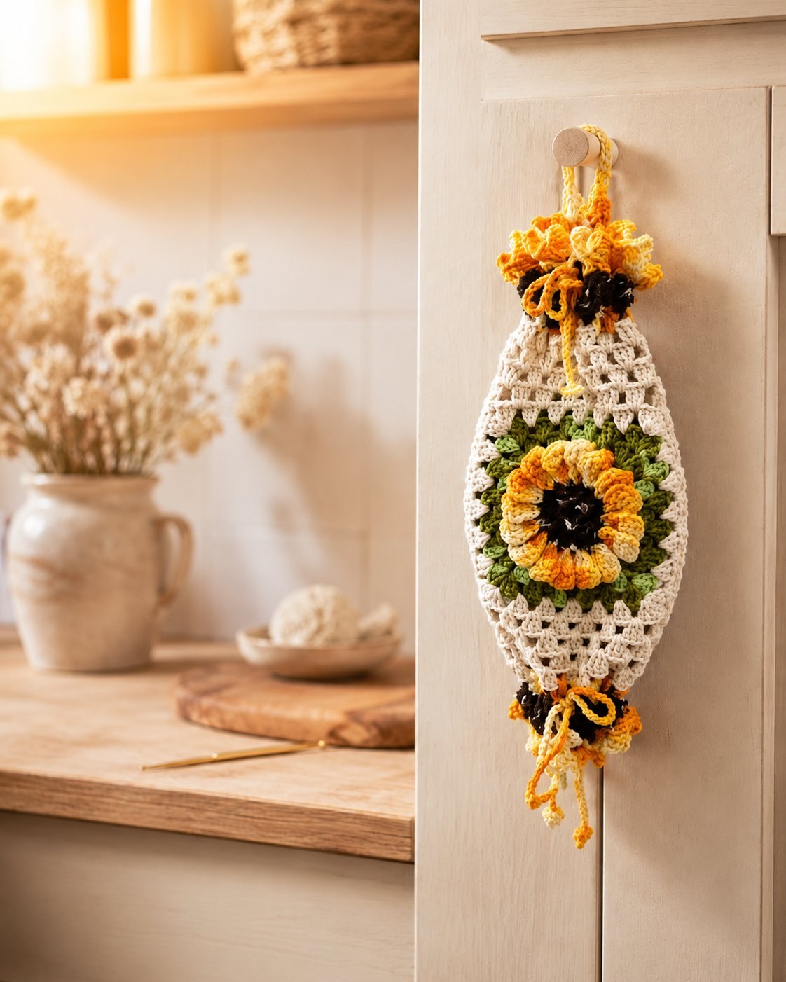 Puxa-saco de crochê com flor de girassol em barbante Barroco pendurado na porta do armário da cozinha