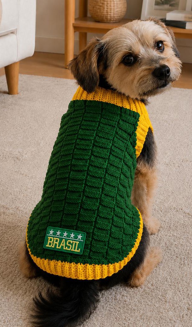 Roupinha de Pet Nina de tricô nas cores verde e amarelo — frente do modelo