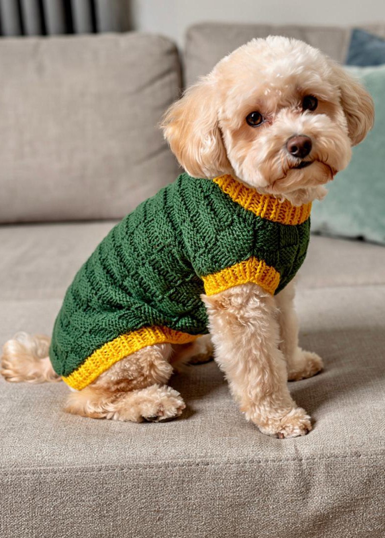 Roupinha de Pet Nina finalizada em tricô verde e amarelo — vista lateral