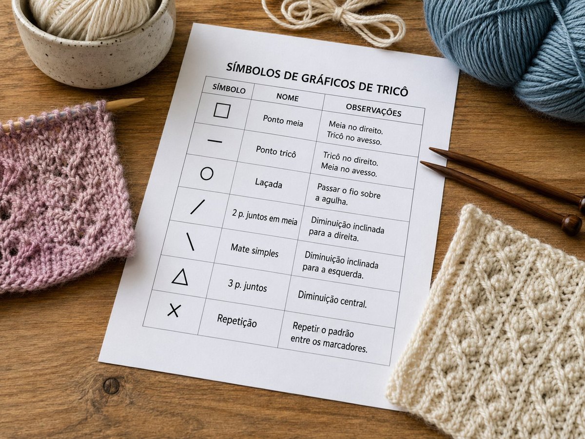 Tabela com os principais símbolos usados em gráficos de tricô e seu significado