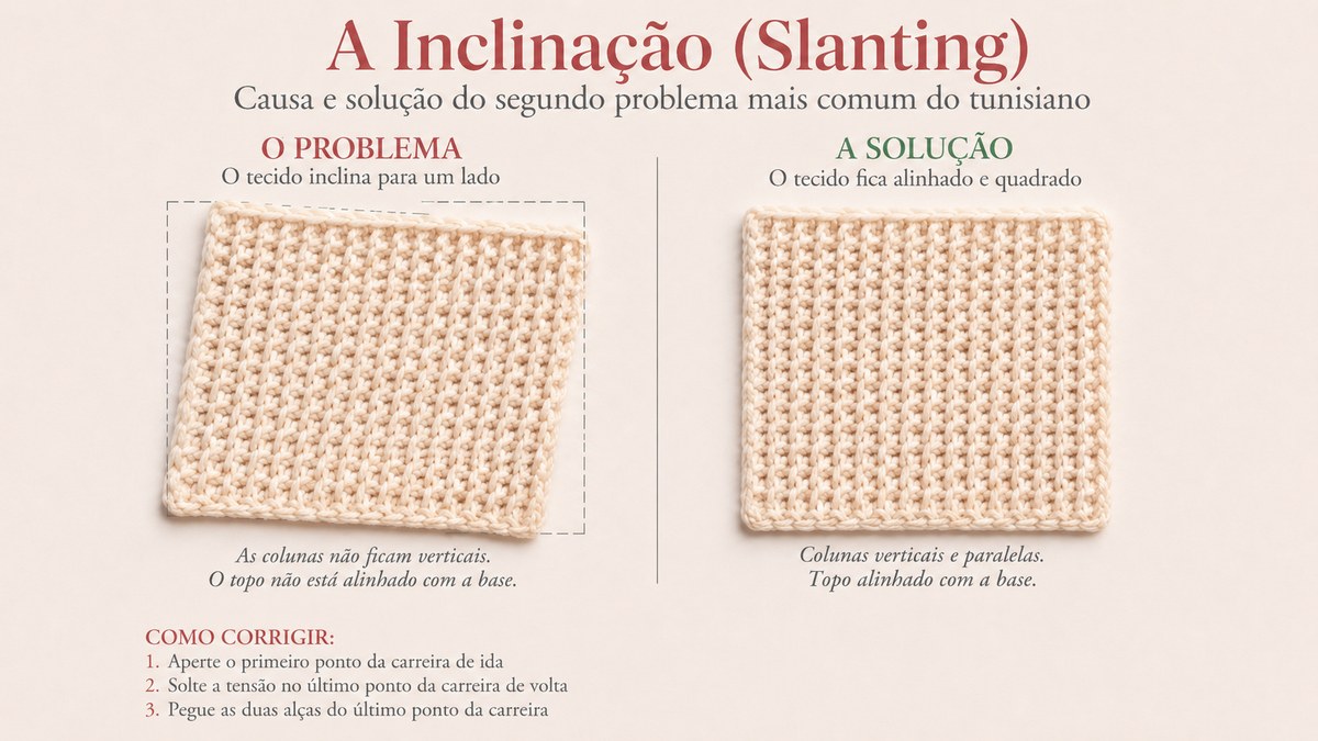 Diagrama explicando a inclinação do tecido (slanting) no crochê tunisiano e as três soluções de tensão