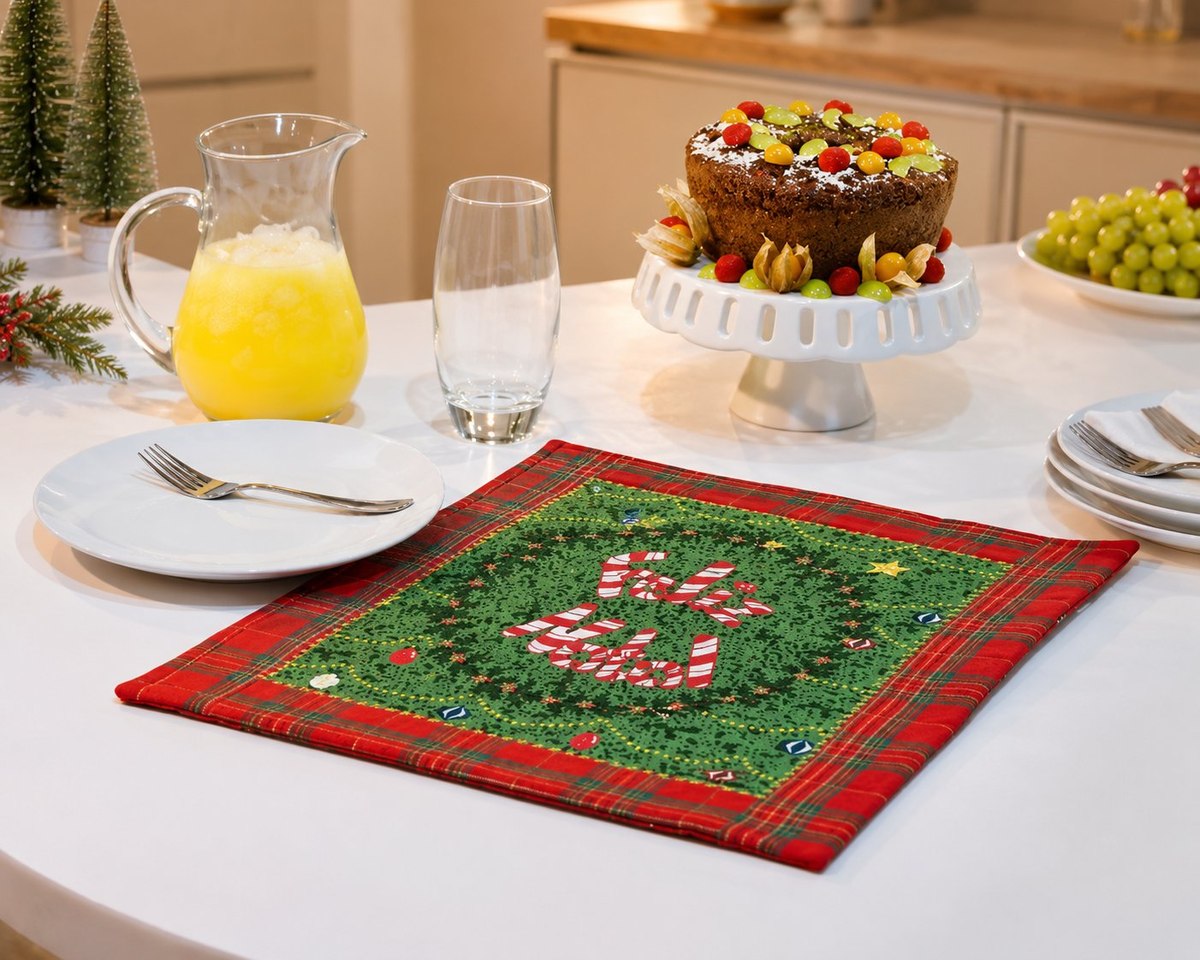 Sousplat natalino de patchwork com tecido verde Feliz Natal e bordas xadrez vermelho sobre mesa de Natal branca