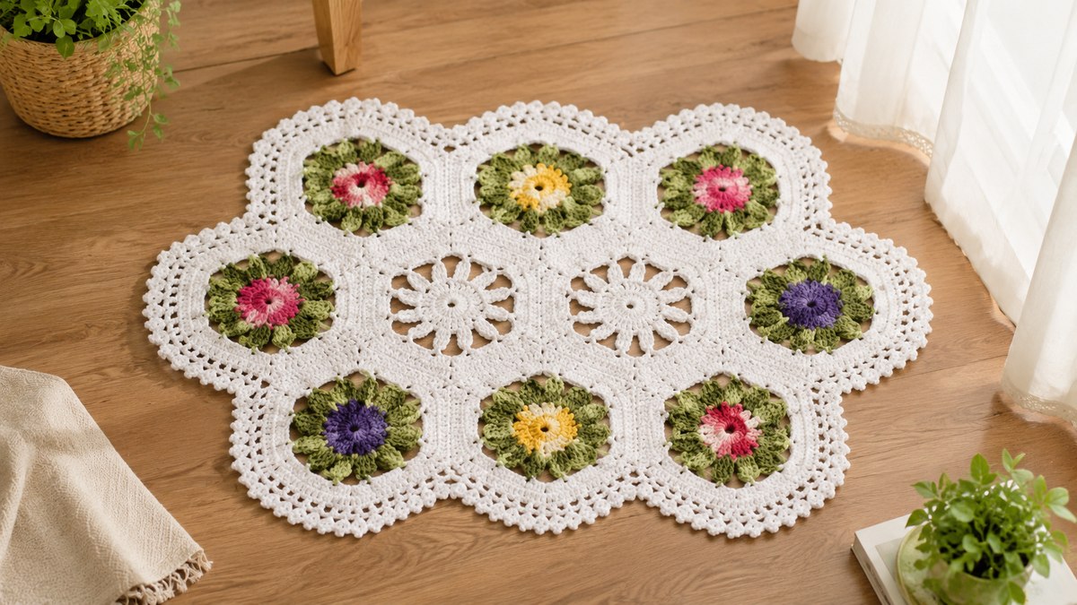 Tapete Cru com Flores Coloridas em crochê com Barbante Barroco Círculo — vista superior