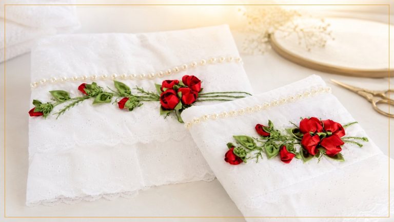 Toalha Bordada com Rosas de Fita de Cetim: Passo a Passo Completo