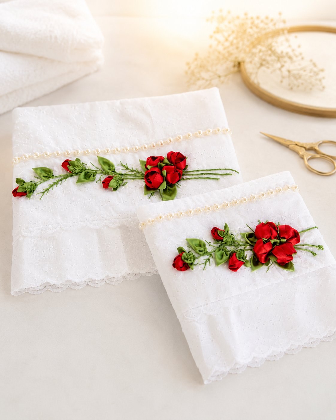Resultado final do jogo de toalha bordado com rosas de fita de cetim vermelha — toalha de banho e lavabo
