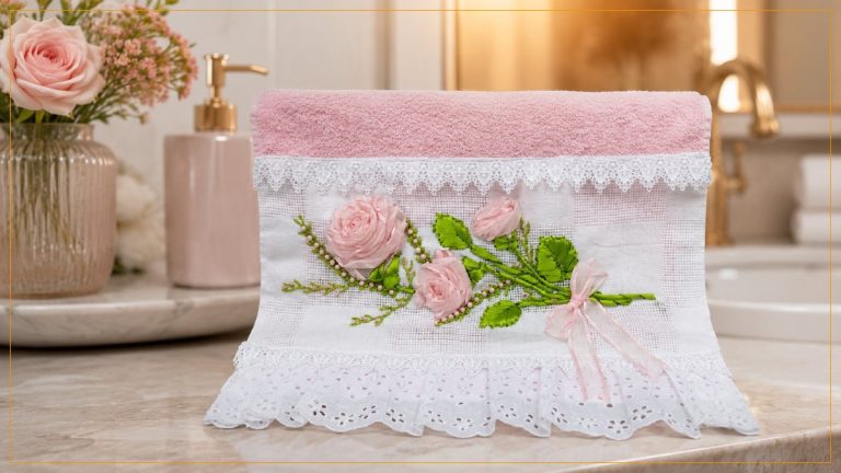 Como Bordar uma Toalha com Rosas de Fita de Cetim – Passo a Passo