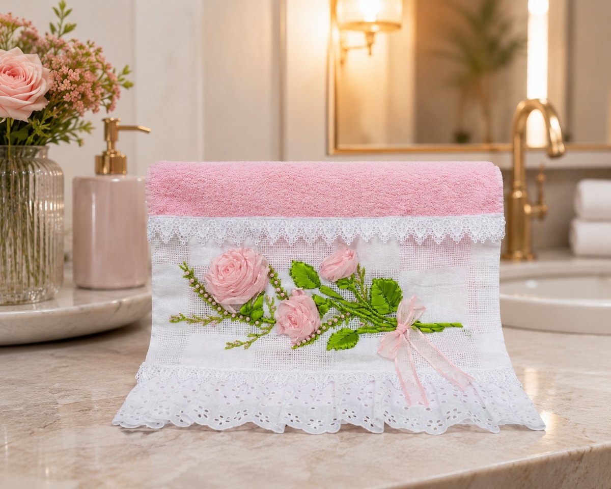 Toalha Bordada com Rosas de Fita de Cetim — vista frontal com três rosas rosa e laço em étamine branca