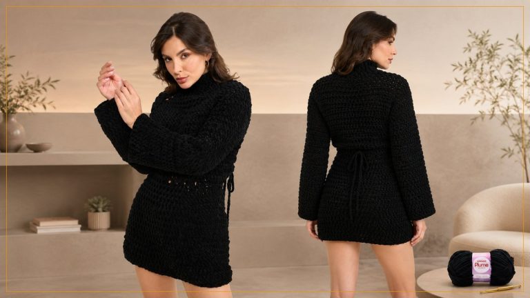 Vestido Pantera de Crochê em Fio Plume Preto — vista frontal e dorsal