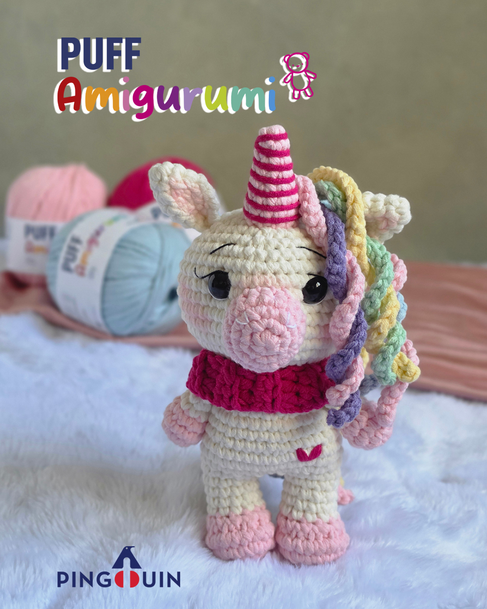 Amigurumi Penélope, a Unicórnia, feito com o Fio Puff Amigurumi Pingouin