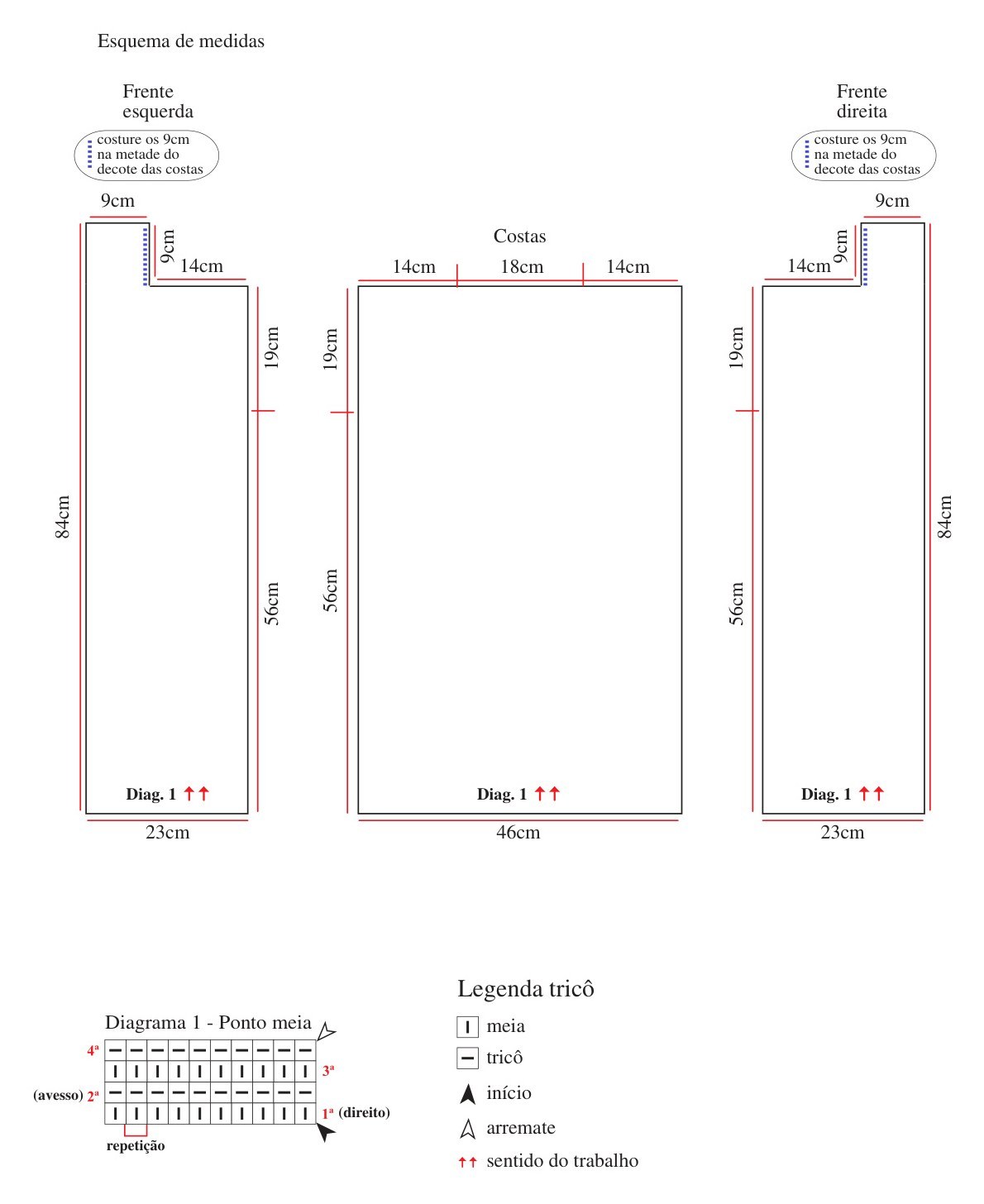 Esquema de medidas do Colete Off em tricô com Diagrama 1