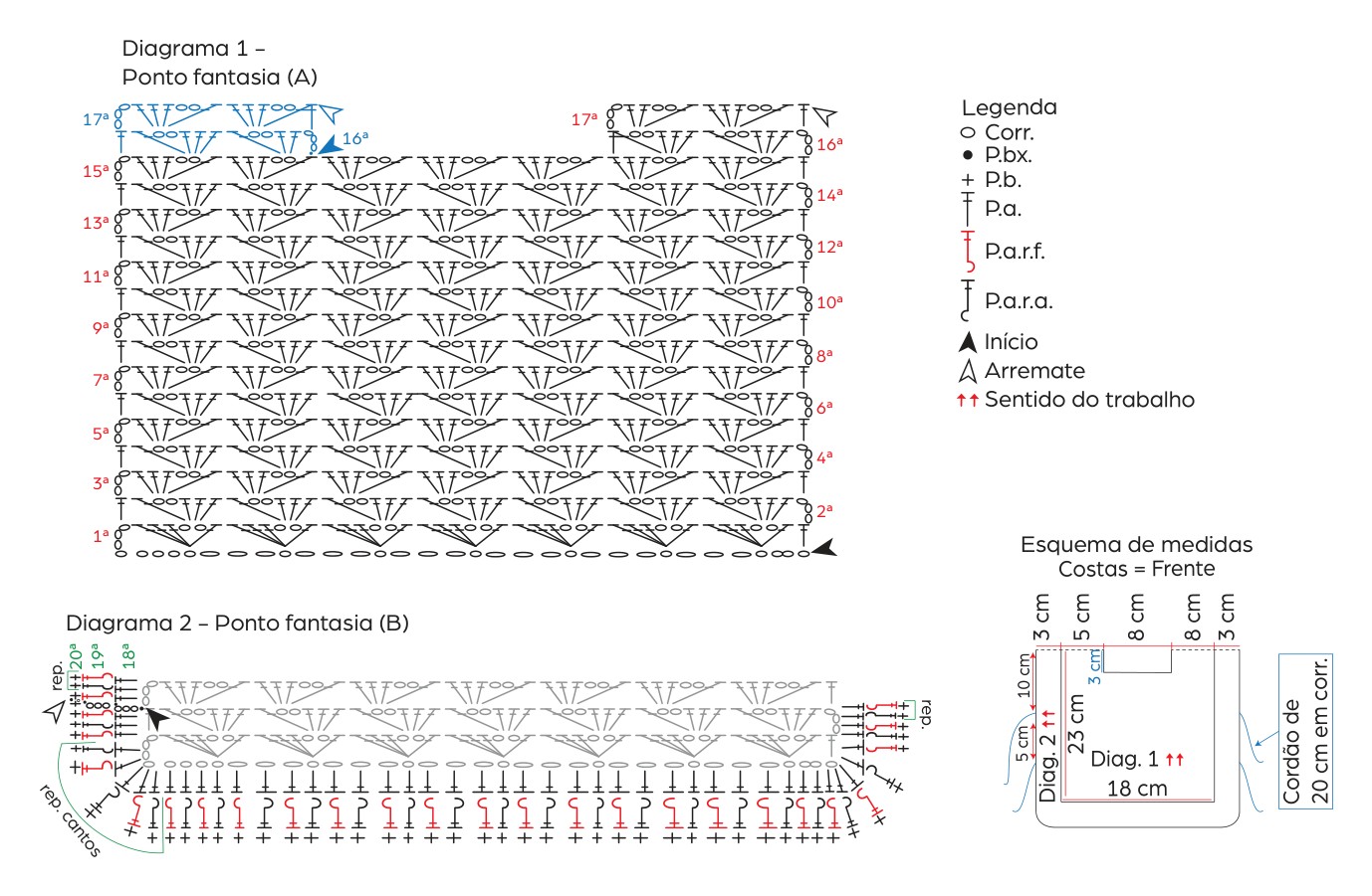 Diagramas 1 e 2 — Pontos Fantasia A e B do Coletinho Paola de Crochê