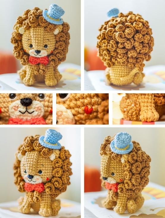 Detalhe do rosto bordado e da juba do Léo, o Leão amigurumi