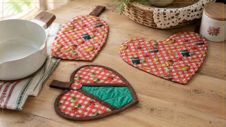 Pegador de Panela Coração de Patchwork com Tecidos Círculo – Receita com Molde