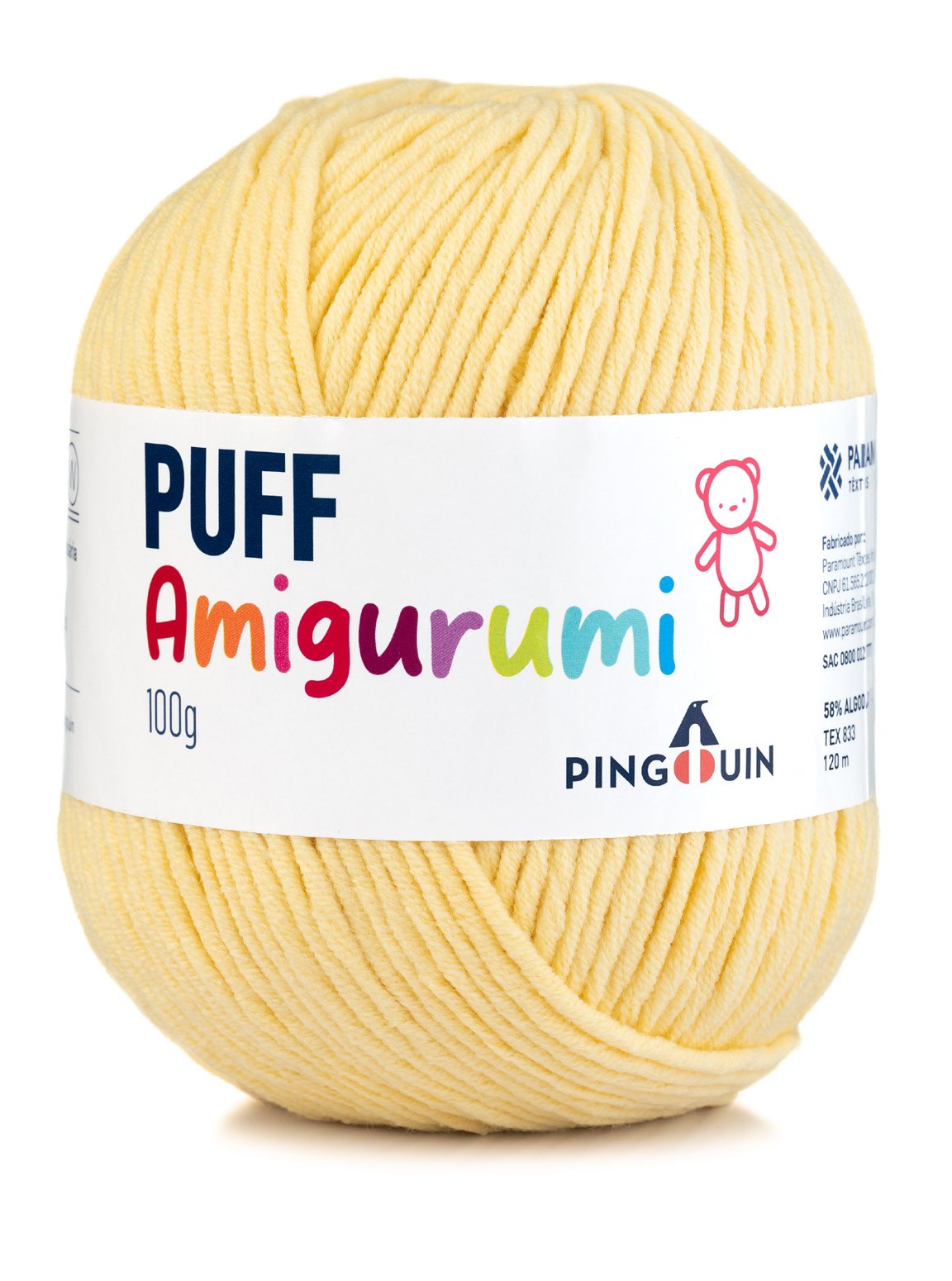 Novelo do Fio Puff Amigurumi Pingouin na cor Yellow, com ficha técnica no rótulo