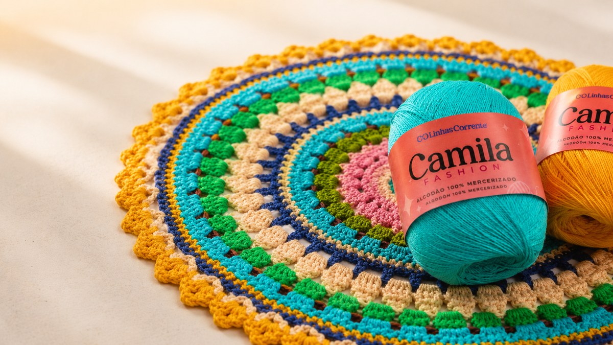 Sousplat Prima de crochê em Fio Camila Fashion, com fio turquesa e amarelo ao lado