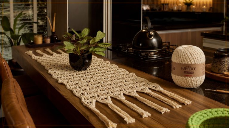 Trilho de Mesa Jacarta de crochê com Barroco Natural Círculo