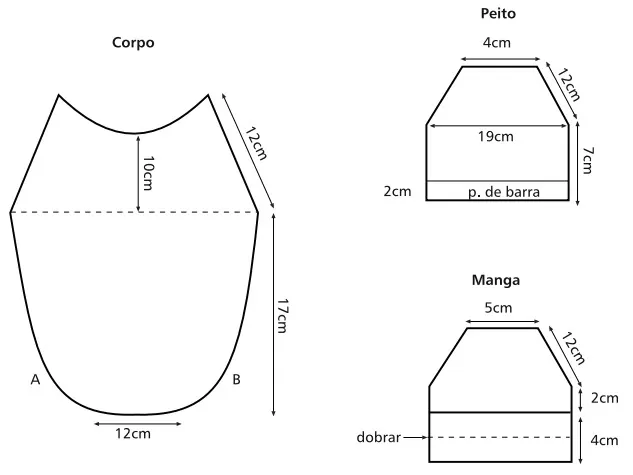 Gráfico da Roupinha de Tricô para Cachorro — molde com indicações de montagem