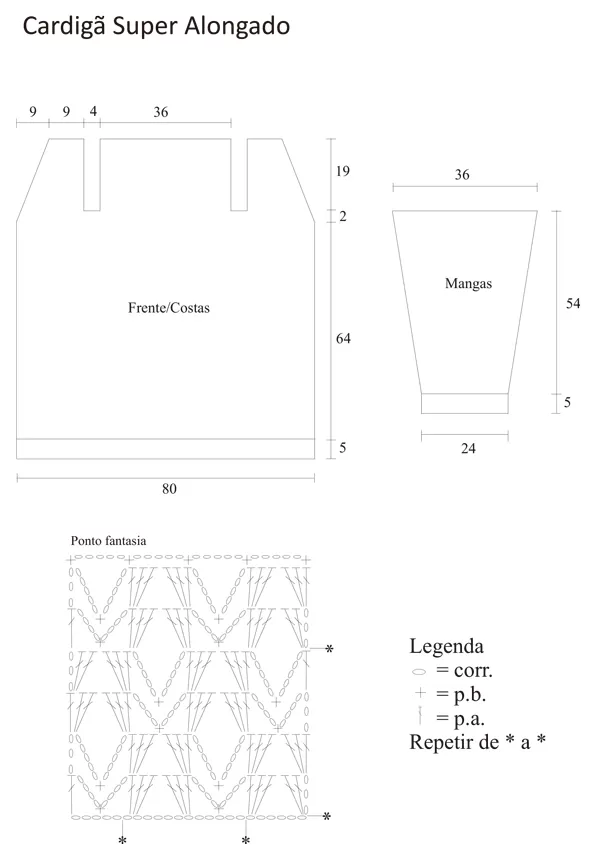 Gráfico do ponto fantasia e esquema de medidas do Cardigã Longo de Crochê com Fio Ternura