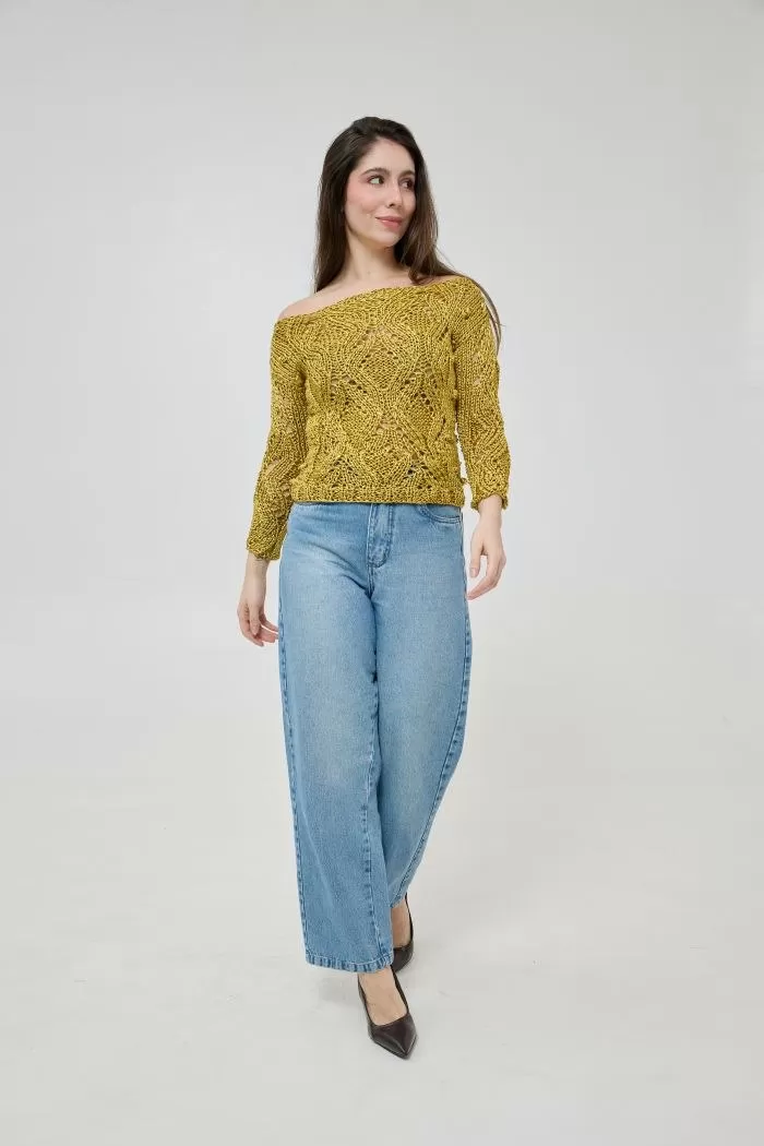Blusa Aurum Tricô Fitonê — detalhe do ponto fantasia e acabamento da barra