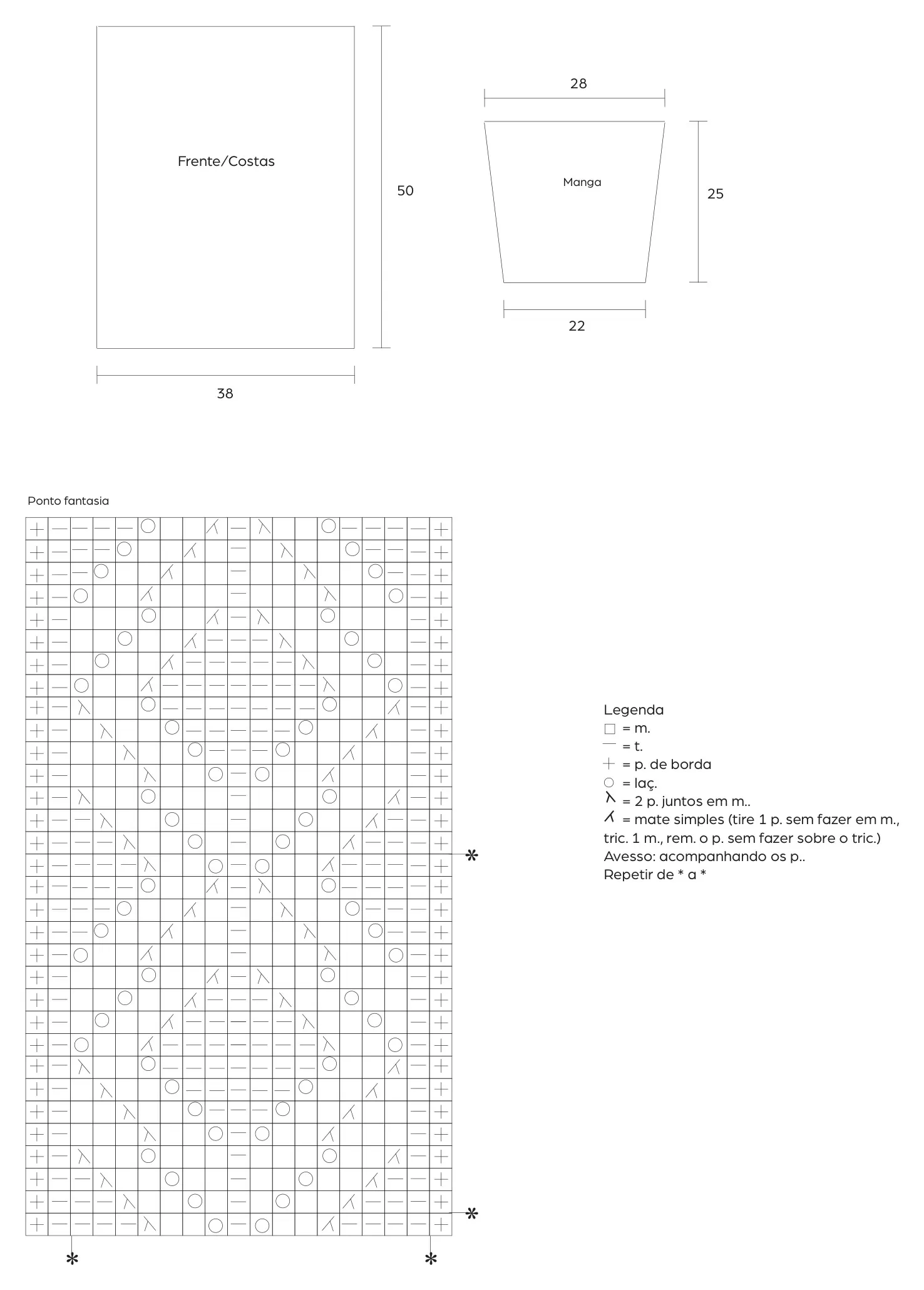 Gráfico e molde da Blusa Aurum de Tricô com Fio Fitonê — Frente/Costas, Manga e ponto fantasia com legenda