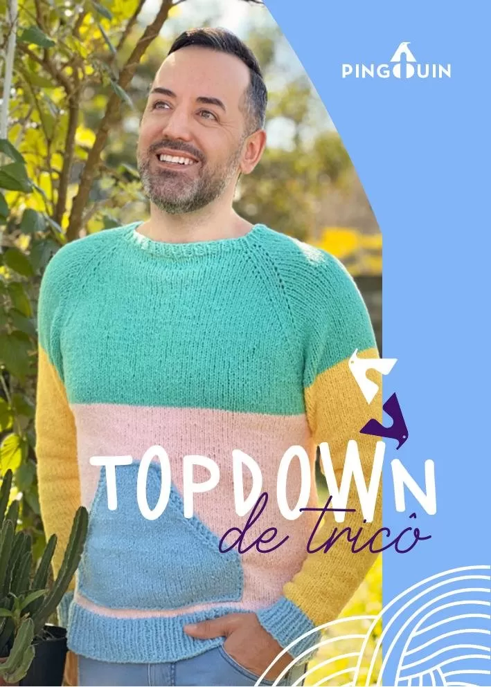 Blusa Canguru Topdown Cores de tricô colorblock verde, rosa, amarelo e azul — Fio Bocaina Pingouin