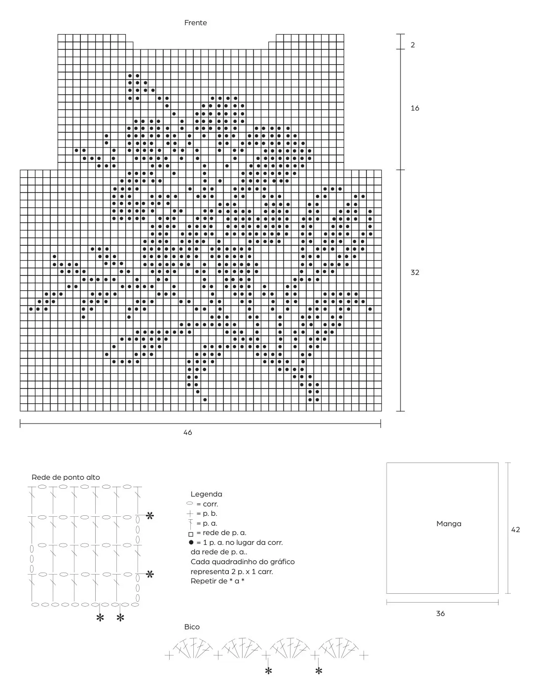 Gráfico da Blusa Escarlete de crochê com rede de ponto alto, bico e indicações de frente, costas e mangas