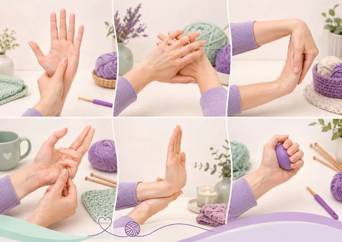 Sequência de seis exercícios de fisioterapia para mãos e punhos demonstrados por artesã com suéter roxo