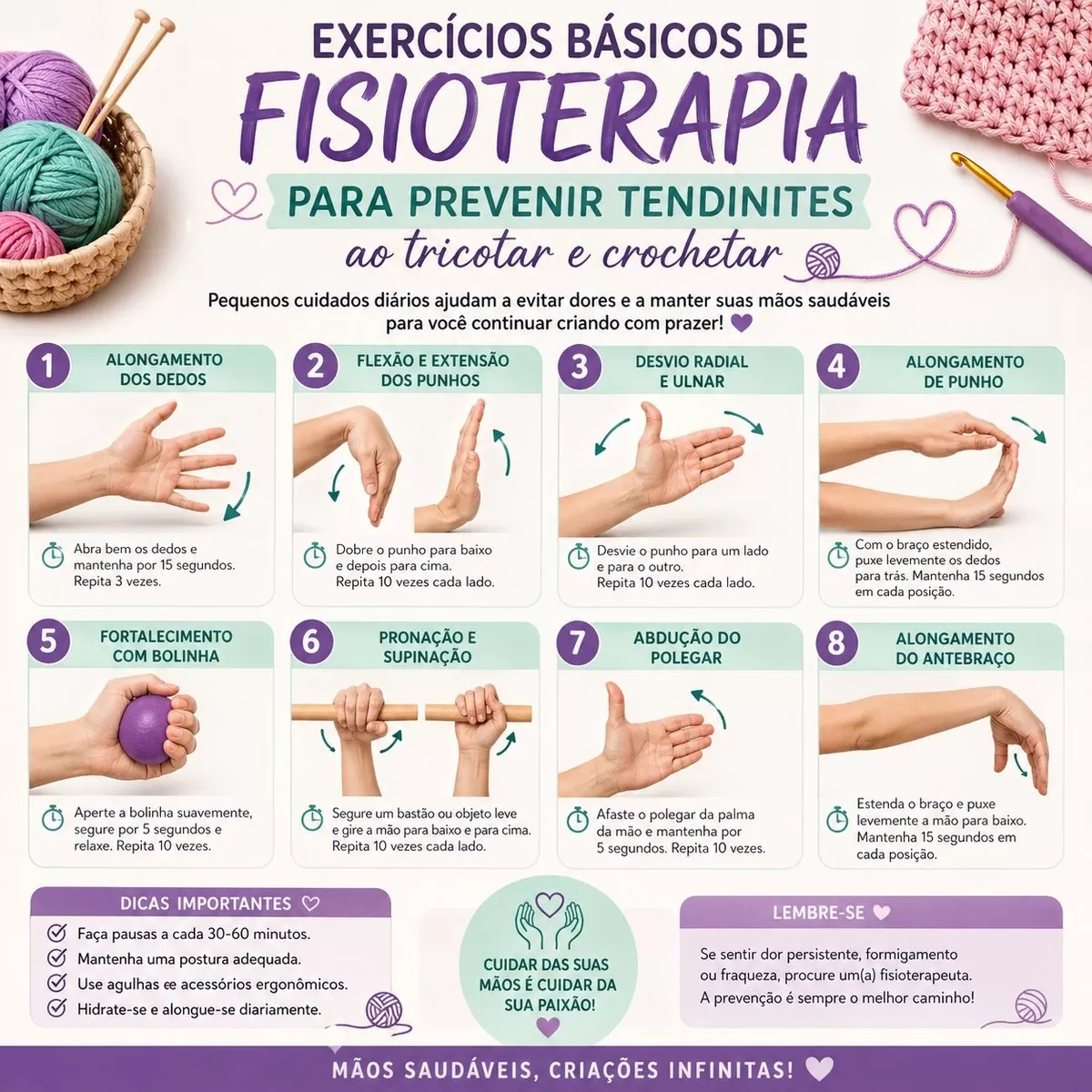 Infográfico com 8 exercícios básicos de fisioterapia para prevenir tendinites em tricô e crochê