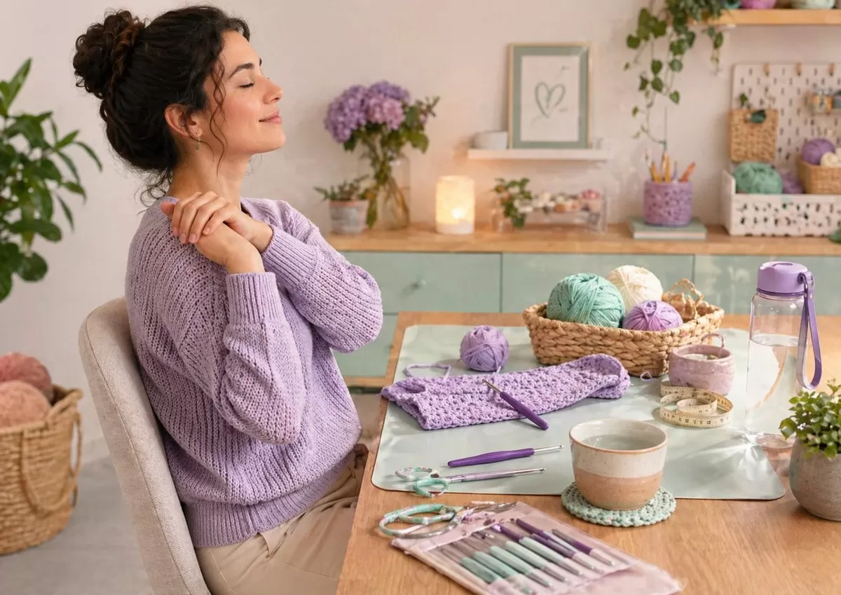Artesã fazendo pausa e alongando ombros durante sessão de crochê, com novelos coloridos sobre a mesa