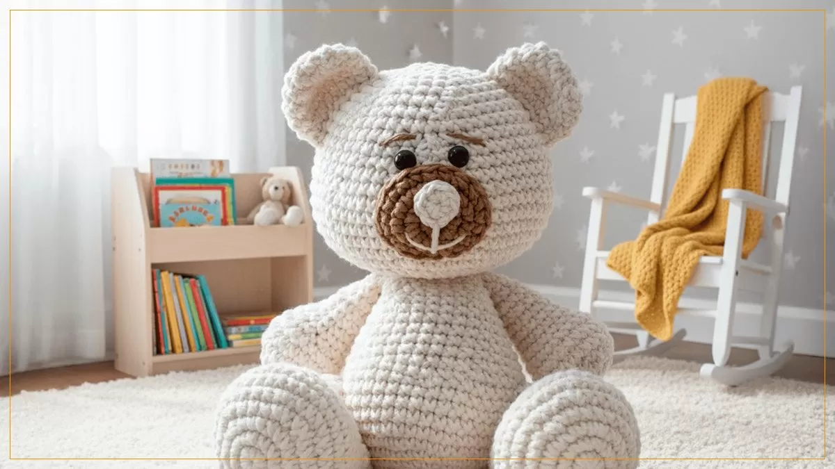Maxi Amigurumi Teddy de crochê com Barbante EuroRoma Spesso — ursinho grande em cru e bege sentado em quarto infantil