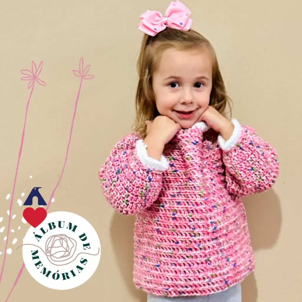 Suéter Infantil Picnic de Crochê com Fio Picnic Pingouin – peça pink com gola franzida em Fio Mantiqueira