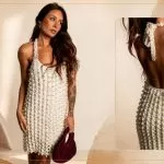Vestido Nácar de crochê com Linha Encanto Slim e pérolas frente e costas
