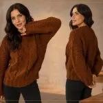 Blusa Chocolate de tricô feita com Fio Amiga Círculo na cor castanho, vistas de frente e costas
