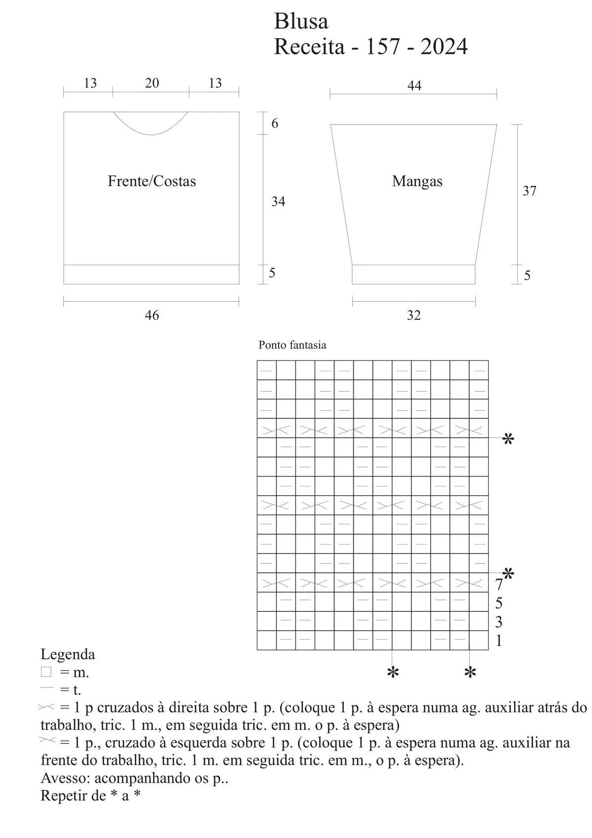 Gráfico da Blusa Luiza — molde frente/costas, mangas e ponto fantasia com legenda de pontos cruzados