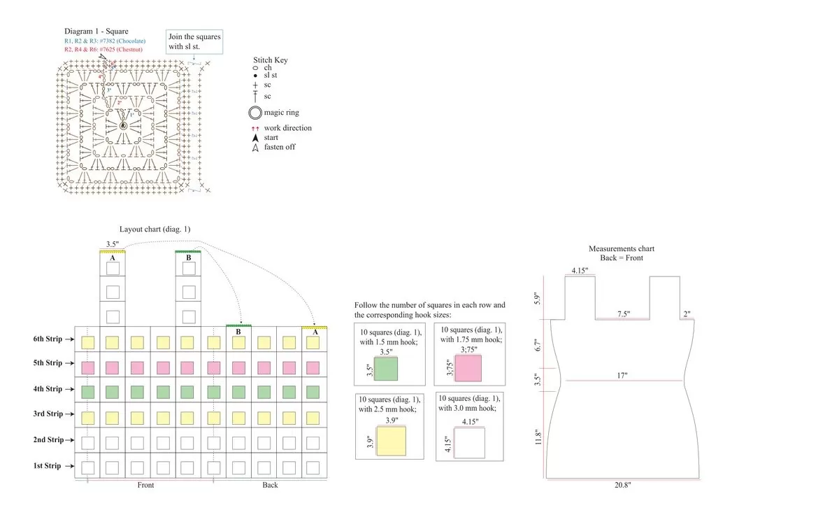 Gráfico do square, diagrama de montagem e medidas da Blusa Chocolate Squares