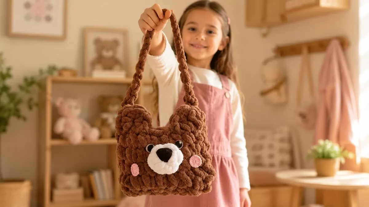 Menina segurando bolsa urso de crochê feita com Fio Cisne Hug marrom, com orelhas, focinho branco e bochechas rosa