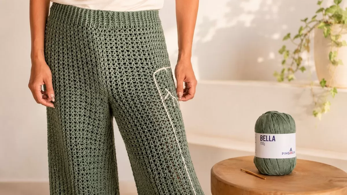 Calça pantalona de crochê bordada com Fio Bella Pingouin