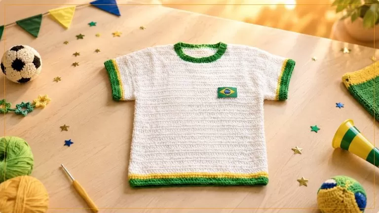 Camiseta Brasil Elegance de crochê branca com gola, punhos e barra em verde e amarelo e bandeirinha do Brasil