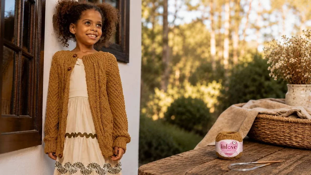 Cardigã Amelie infantil de tricô com ponto fantasia e raglã, Linha In Love Círculo cor Doce de Leite