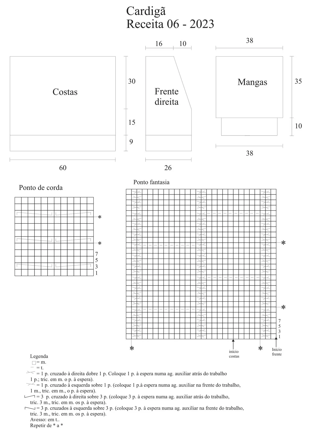 Gráficos do ponto fantasia e ponto de corda do Cardigã Coala — Fio Classic Pull Círculo
