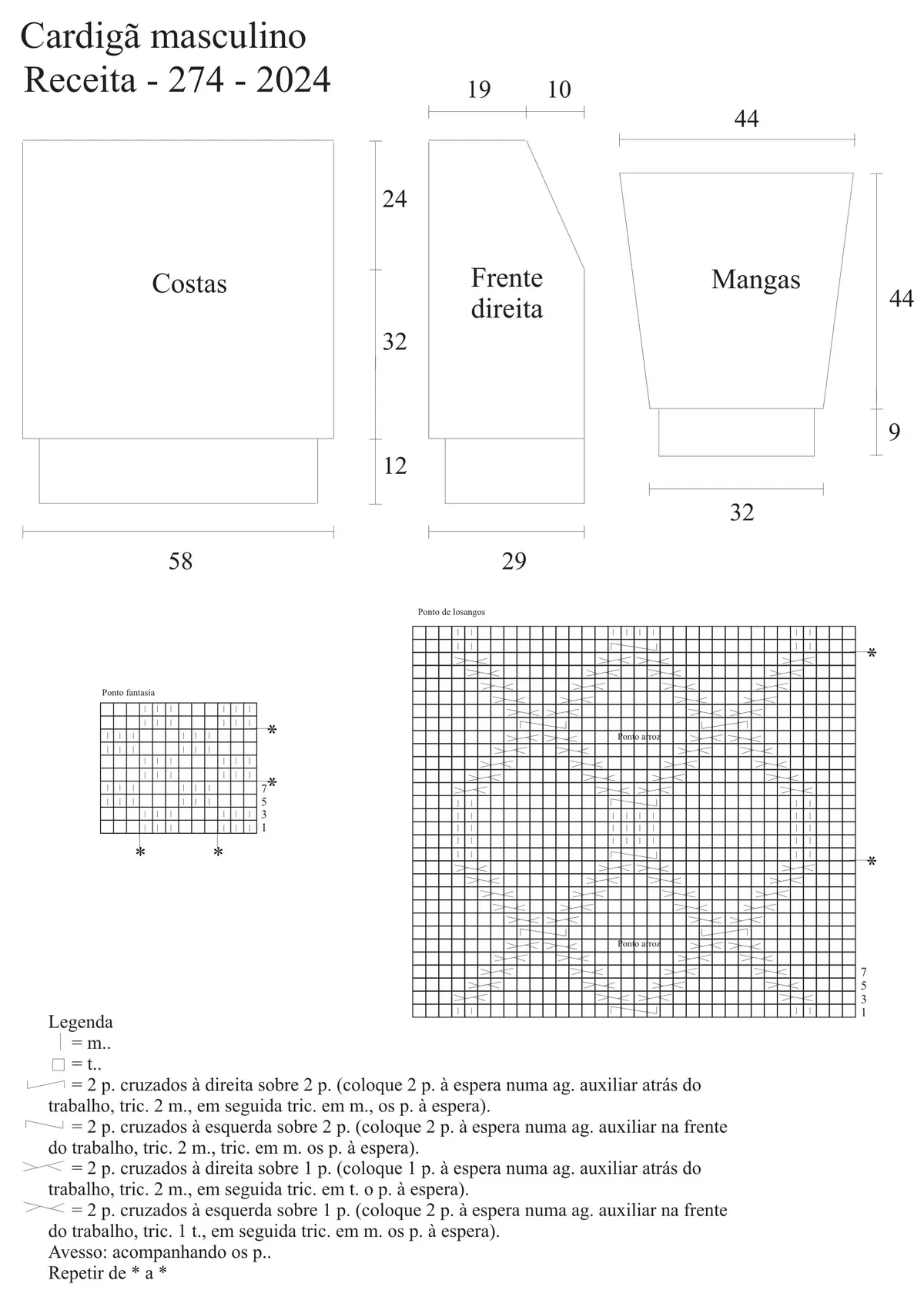Gráfico do cardigã masculino com ponto fantasia e ponto de losangos