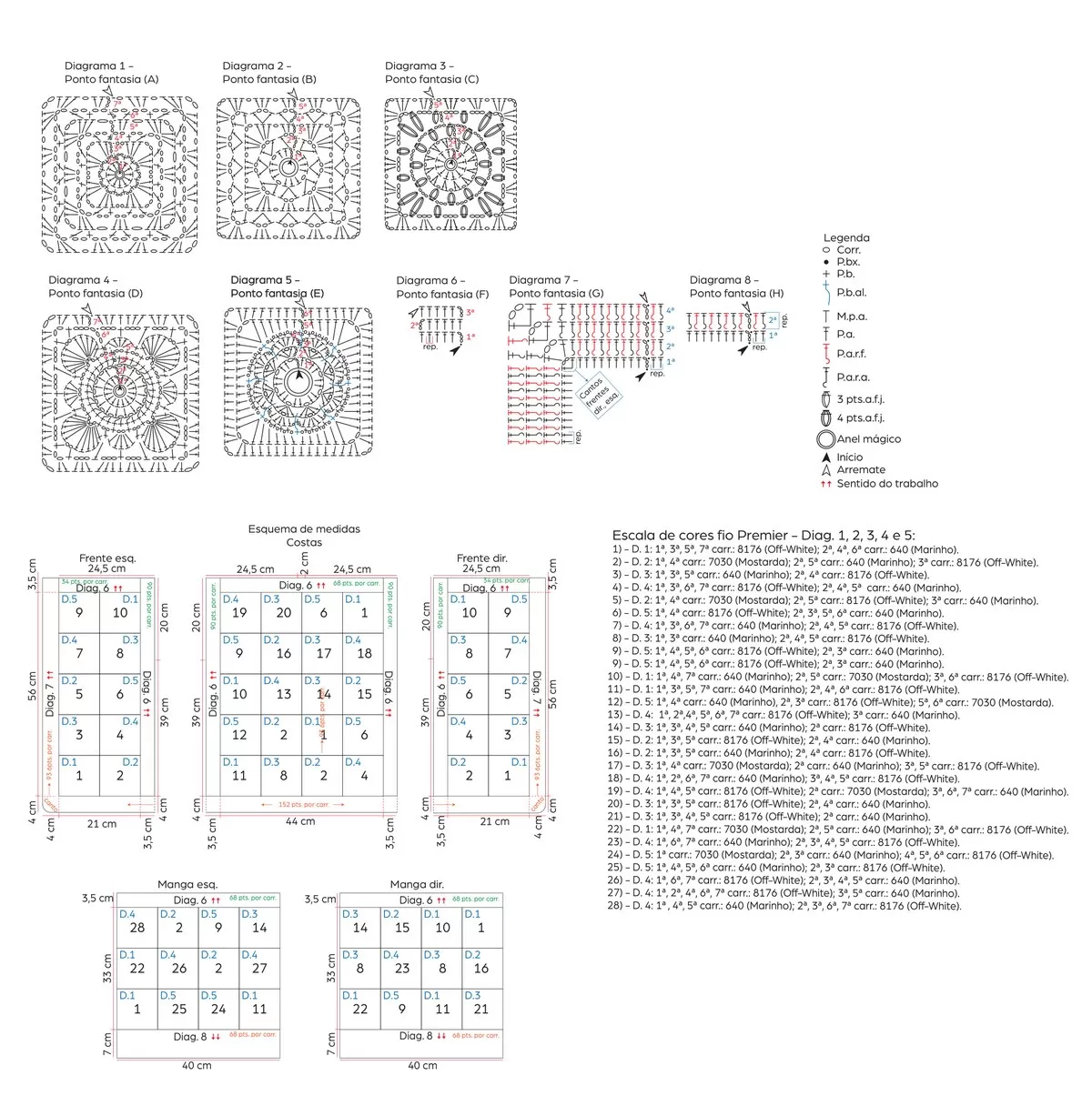 Gráficos dos 8 diagramas de pontos e esquema de medidas do Casaco Azulé — Fio Premier Círculo