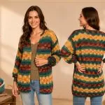 Cardigã Espaço de tricô com Fio Batik Círculo, listras coloridas em teal, laranja e bordô