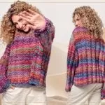 Suéter Violette de tricô com ponto folha feito com Fio DMC Pirouette em tons de rosa, lilás e azul — frente e costas