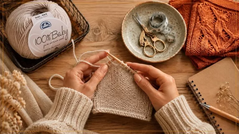 Mãos tricotando uma amostra com novelo DMC 100% Baby, tesoura, fita métrica e peça de tricô laranja ao fundo