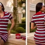 Vestido Polo de Crochê com Fio Verano Círculo - frente e costas em listras vermelho branco e azul