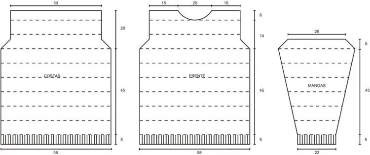 Gráfico de modelagem da blusa masculina listrada com medidas e esquema de montagem
