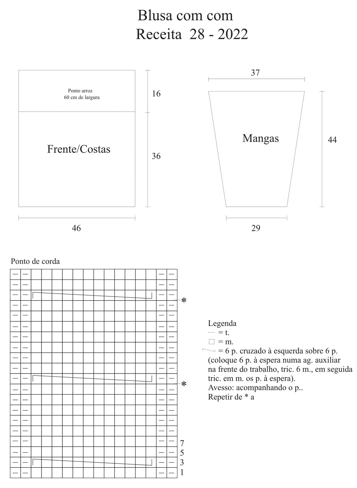 Gráfico do ponto de corda para a Blusa com Pala de Tricô