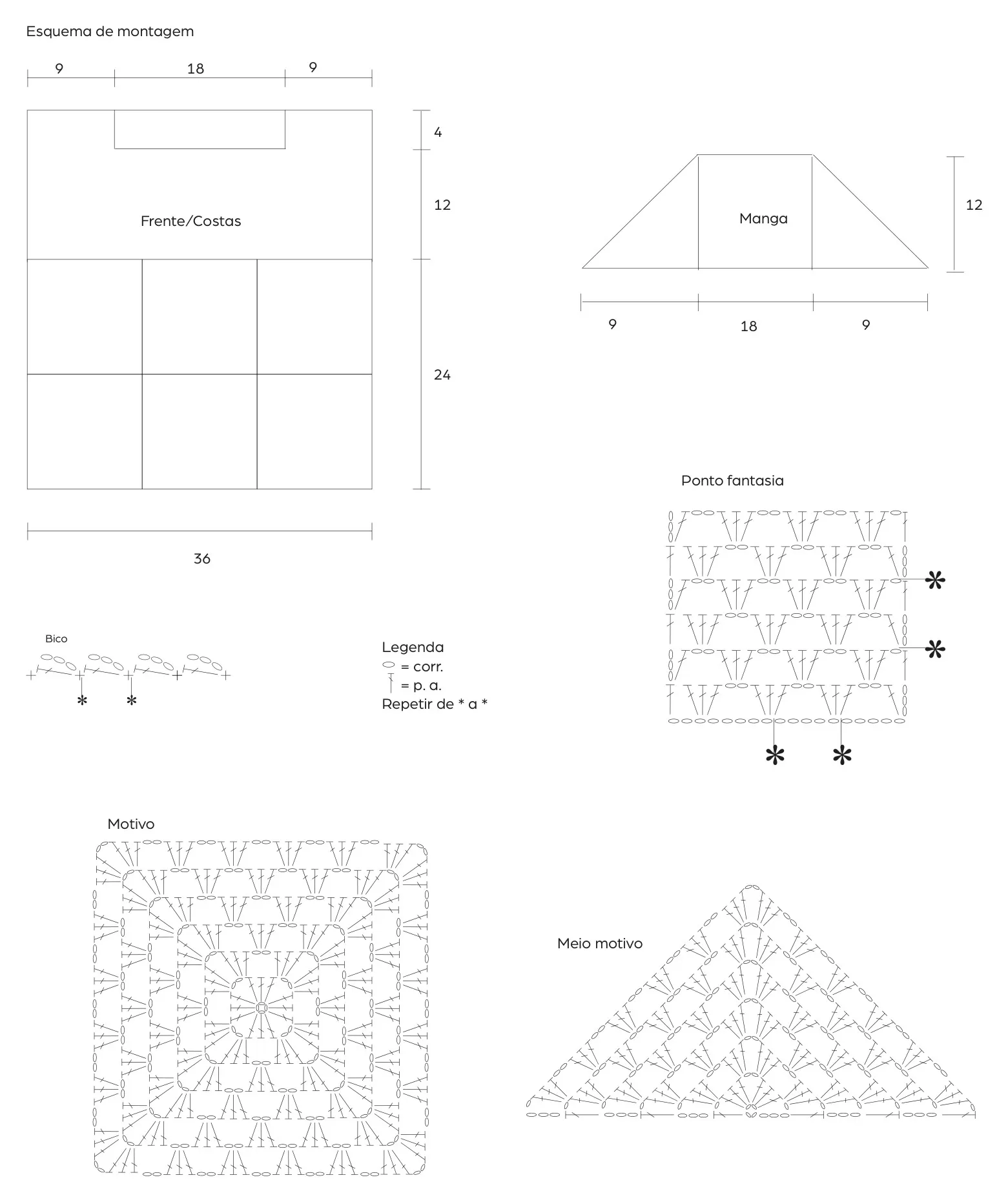 Gráfico de crochê da Blusa Roseira com motivo granny square e esquema de montagem
