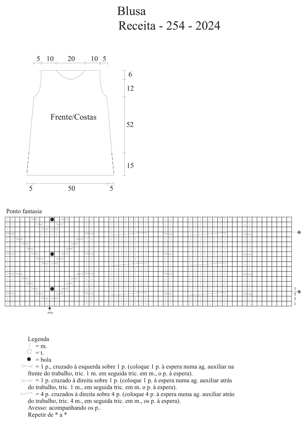 Gráfico de pontos fantasia com tranças e pontos bola da Blusa Ternura